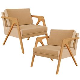 Kit 02 Poltronas Decorativa Para Sala Pietra Estrutura De Madeira L02 Linho Bege Escuro - Lyam Decor