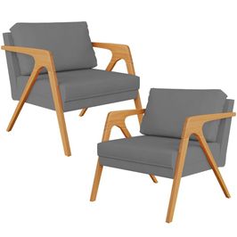 Kit 02 Poltronas Decorativa Para Sala Estar Pietra Estrutura De Madeira L02 Suede Cinza - Lyam Decor