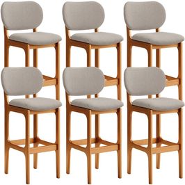 Kit 6 Banquetas Alta Bar Cozinha Sala Jantar Fixa Betta L02 Imbuia Linho Bege - Lyam Decor