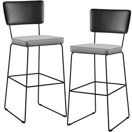 Kit 02 Banquetas Altas Sala Jantar Fixa Allana L02 Couríssimo Preto Linho Cinza - Lyam Decor