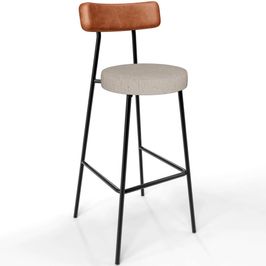 Banqueta Alta Bar Cozinha Sala De Jantar Aço Milão L02 Couríssimo Camel Linho Bege - Lyam Decor