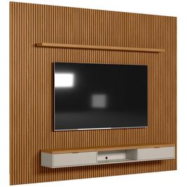 Painel Ripado Para TV 75 Pol Slats e Bancada Lisa 297x250cm L05 Nature Off White - Lyam Decor