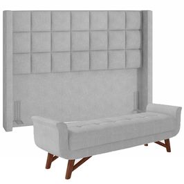 Kit Cabeceira Cama Box Casal 140 cm Paris com Puff Recamier Itália P05 Linho Cinza - Lyam Decor