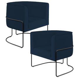 Kit 02 Poltronas Decorativas Fixa Base de Aço Preto Betina D02 Veludo Azul Oxford C-304 - Lyam Decor