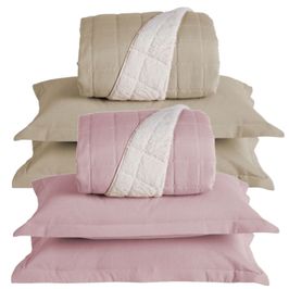 Combo 2 Kit Cobre Leito Colcha Capri Queen Dupla Face 3 Peças - Cáqui - Rosê