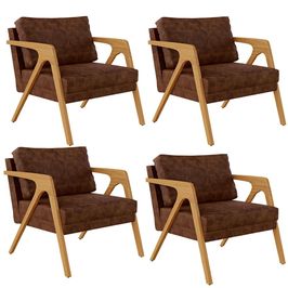 Kit 04 Poltronas Decorativa Sala Estar Pietra Com Estrutura Madeira L02 Couríssimo Marrom-Lyam Decor