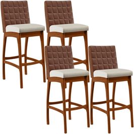 Kit 04 Banquetas Altas Sala De Jantar Fixa Mila L02 Couríssimo Marrom Linho Champagne - Lyam Decor