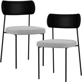 Kit 02 Cadeiras Estofadas Para Sala De Jantar Melina L02 Couríssimo Preto Linho Cinza - Lyam Decor