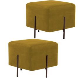 Kit 02 Puff Quadrado Decorativo Status 45x45 D02 Pés de Aço Veludo Mostarda C-279 - Lyam Decor