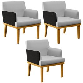 Kit 03 Poltronas Decorativas Para Sala de Estar Beatriz W01 Linho Cinza Couríssimo Preto - Lyam Decor