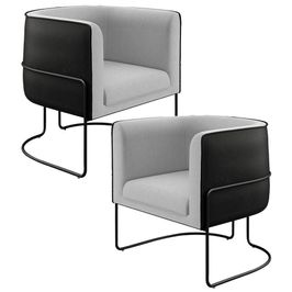 Kit 02 Poltronas Fixas Base Aço Preto Betina D02 Linho Cinza D-315 Corano Preto - Lyam Decor