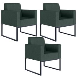 Kit 03 Poltronas Decorativa Sala Recepção Base Fixa De Metal Helô L02 Linho Verde Musgo - Lyam Decor