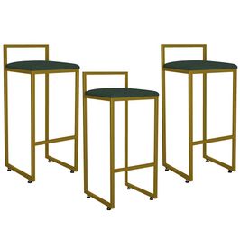 Kit 03 Banquetas Alta Para Cozinha Sala De Jantar Hanna L02 Dourado Linho Verde Musgo - Lyam Decor