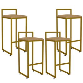 Kit 04 Banquetas Alta Para Cozinha Sala De Jantar Hanna L02 Dourado Linho Bege Escuro - Lyam Decor