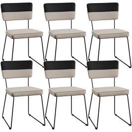 Kit 06 Cadeiras Decorativas Estofada Allana L02 Faixa Facto Preto Linho Bege - Lyam Decor