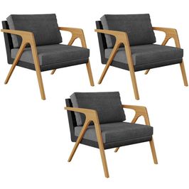 Kit 03 Poltronas Decorativas Sala Estar Pietra L02 Couríssimo Preto Linho Cinza Escuro - Lyam Decor