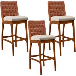 Kit 03 Banquetas Altas Cozinha Sala De Jantar Fixa Mila L02 Couríssimo Camel Linho Cru - Lyam Decor