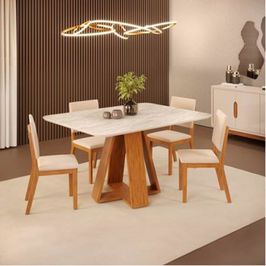 Conjunto Mesa Dj Celeste 4 Cadeiras Tampo Quartzo 1,20 | Freijo Quartzo/Veludo Creme (S/V)