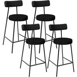 Kit 04 Banquetas Baixa Cozinha Sala Jantar Bancada Milão L02 Couríssimo Preto Linho Chumbo - Lyam Decor
