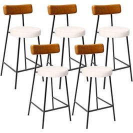 Kit 05 Banquetas Baixa Cozinha Sala Jantar Bancada Milão L02 Couríssimo Whisky Linho Cru - Lyam Decor