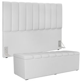 Kit Cabeceira Cama Box Casal King 195cm com Calçadeira Baú Dália W01 Facto Branco - Lyam