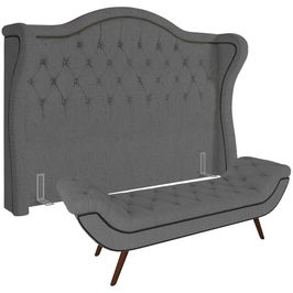 Kit Cabeceira Cama Box Lisboa 140 Cm com Puff Recamier Santorini Linho Cinza Escuro - Lyam Decor