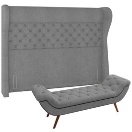 Kit Cabeceira Cama Box Casal 195 cm Madrid com Puff Recamier Santorini P05 Bouclê Cinza - Lyam Decor