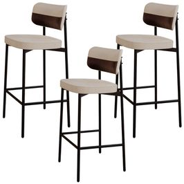 Kit 03 Banquetas Alta Bar Cozinha Sala De Jantar Aço Preto Kaira C01 Linho Areia Courino Café - Lyam Decor