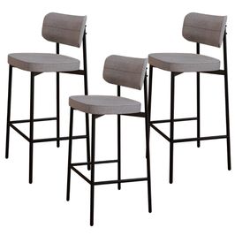 Kit 03 Banquetas Alta Bar Cozinha Sala De Jantar Aço Preto Kaira C01 Linho Cinza - Lyam Decor