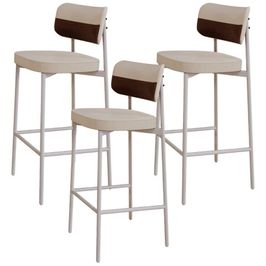 Kit 03 Banquetas Alta Bar Cozinha Sala De Jantar Aço Branco Kaira C01 Linho Areia Courino Whisky - Lyam Decor