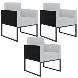 Kit 03 Poltronas Decorativas Sala Base fixa Metal Helô L02 Linho Cinza Couríssimo Preto - Lyam Decor