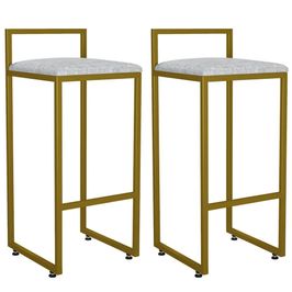 Kit 02 Banquetas Alta Para Cozinha Sala De Jantar Hanna L02 Dourado Linho Cru - Lyam Decor