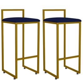 Kit 02 Banquetas Alta Para Cozinha Sala De Jantar Hanna L02 Dourado Suede Azul Marinho - Lyam Decor