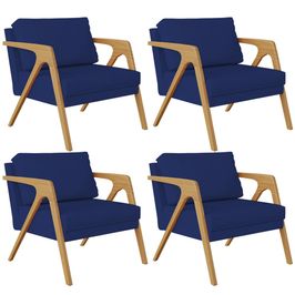 Kit 04 Poltronas Decorativas Sala Pietra Estrutura De Madeira L02 Suede Azul Marinho - Lyam Decor