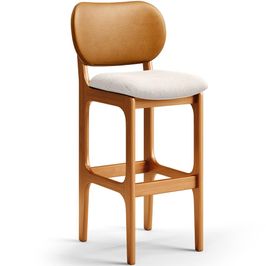Banqueta Alta Bar Cozinha Sala Jantar Fixa Betta L02 Imbuia Couríssimo Whisky Linho Cru - Lyam Decor