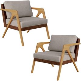 Kit 02 Poltronas Decorativas Para Sala De Estar Pietra L02 Couríssimo Marrom Linho Bege - Lyam Decor