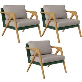 Kit 03 Poltronas Decorativas Sala Estar Pietra L02 Facto Verde Musgo Linho Bege - Lyam Decor