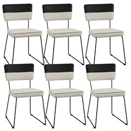 Kit 06 Cadeiras Decorativas Estofada Allana L02 Faixa Facto Preto Linho Champagne - Lyam Decor