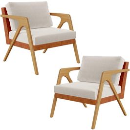 Kit 02 Poltronas Decorativas Sala Estar Pietra L02 Couríssimo Camel Linho Cru - Lyam Decor