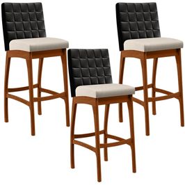 Kit 03 Banquetas Altas Cozinha Sala De Jantar Fixa Mila L02 Couríssimo Preto Linho Cru - Lyam Decor
