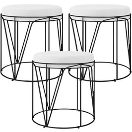 Kit 03 Puffs Decorativo Aramado Preto Zaya L02 Corano Branco - Lyam Decor
