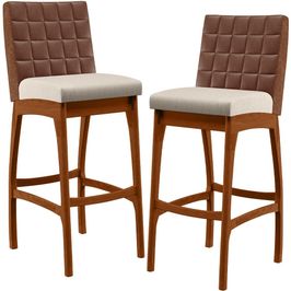 Kit 02 Banquetas Altas Cozinha Sala De Jantar Fixa Mila L02 Couríssimo Marrom Linho Cru - Lyam Decor