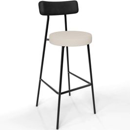 Banqueta Alta Bar Cozinha Sala De Jantar Em Aço Milão L02 Couríssimo Preto Linho Cru - Lyam Decor
