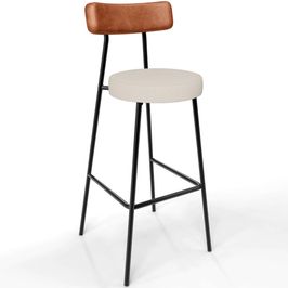 Banqueta Alta Bar Cozinha Sala De Jantar Aço Milão L02 Couríssimo Camel Linho Cru - Lyam Decor