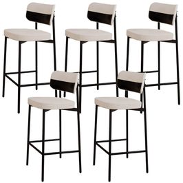 Kit 05 Banquetas Alta Bar Cozinha Sala De Jantar Aço Preto Kaira C01 Linho Palha Courino Preto - Lyam Decor