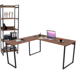 Kit Mesa De Escritório Industrial em L com Estante 5 Prateleiras Form C01 150x150 Nogal - Lyam Decor