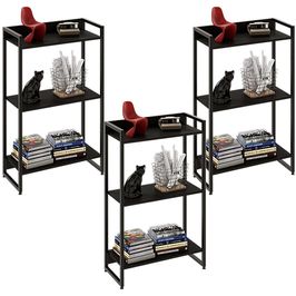 Kit 3 Estantes Multiuso Escritório Industrial 3 Prateleiras Areta 104x60cm C01 Onix - Lyam Decor
