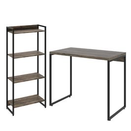 Kit Escritório Estante Areta 4 Prateleiras Mesa Industrial Aspen 90cm C01 Carvalho Dark - Lyam Decor