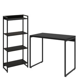 Kit Para Escritório Estante Areta 4 Prateleiras Mesa Industrial Aspen 90cm C01 Onix - Lyam Decor