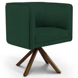 Poltrona Decorativa Base Giratória de Madeira Betina D02 Linho Verde Musgo C-117 - Lyam Decor